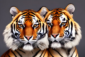 Portrait of two tigers in fashion magazine style. Generative AI