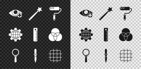 Set Red eye effect, Magic wand, Paint roller brush, Magnifying glass, Pipette, Grid graph paper, Globe of the Earth gear and Ruler icon. Vector