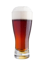 Glass of brown ale beer with foam isolated on white background