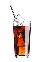 Glass of cola soda drink cold with ice cubes and straw on white background