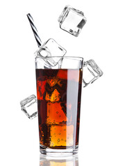 Glass of cola soda drink cold with ice cubes on white background with reflection