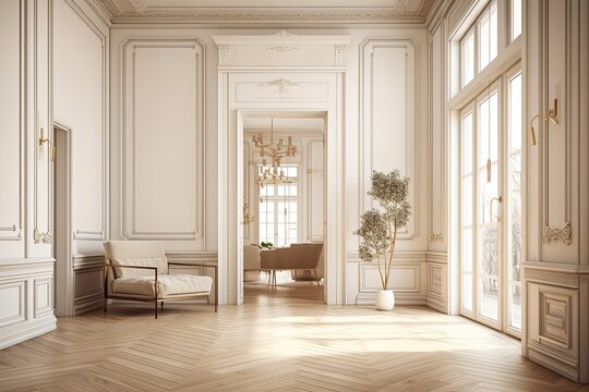 Classic, empty, beige white interior with moldings and blank walls. mock up for an illustration. Generative AI