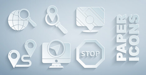 Set Monitor with location marker, Infographic of city map navigation, Route, Stop sign, Search and Magnifying glass globe icon. Vector