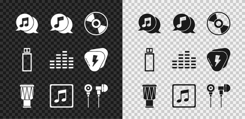 Set Musical note in speech bubble, CD or DVD disk, Drum, note, tone, Air headphones, USB flash drive and equalizer icon. Vector