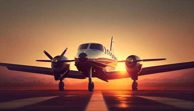 A small private plane is sitting on the runway at sunset or dawn Ai generated image 