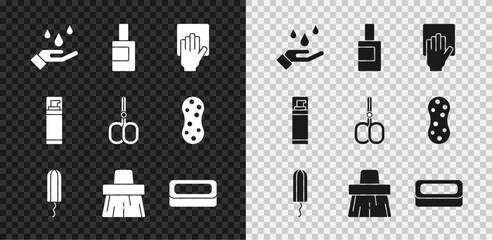 Set Washing hands with soap, Bottle for cleaning agent, Cleaning service, Sanitary tampon, Handle broom, Bar of, Shaving gel foam and Nail scissors icon. Vector