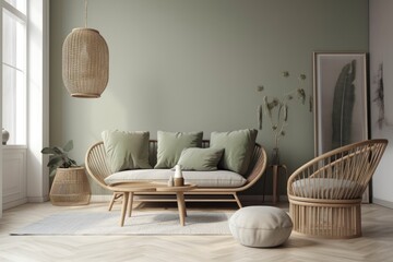 Fototapeta na wymiar Beautiful interior design for the living room. Contemporary scandinavian sofa, artistic throw pillows, a side table, a rattan toilet, and original personal accessories. Wall in sage green. Template. C