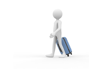 3D illustration of a cartoon man walking with a travel trolley bag