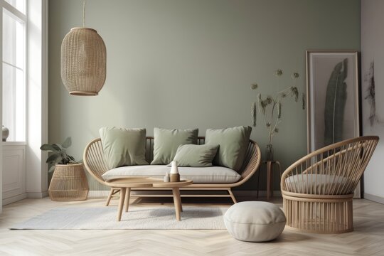 Beautiful interior design for the living room. Contemporary scandinavian sofa, artistic throw pillows, a side table, a rattan toilet, and original personal accessories. Wall in sage green. Template. C