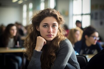 Female student young woman girl at table sit in class university high school college classroom during lesson lecture education studies study learning listening teacher professor teen pupil knowledge