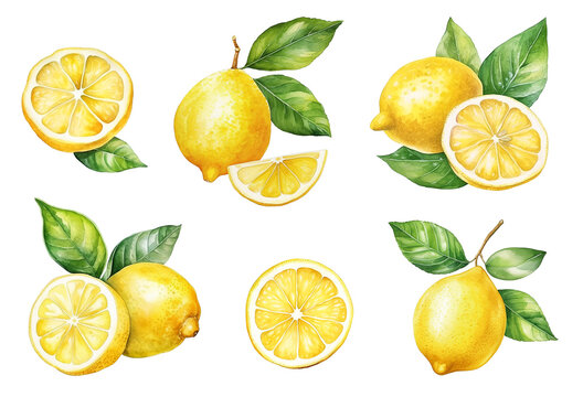Set of watercolor lemons isolated on white. 