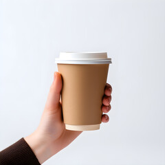 Fototapeta na wymiar hand holding a Coffee paper cup isolated on white background.