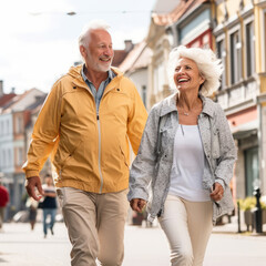 Fototapeta premium Happy older couple having fun walking outdoors in city. Retired people enjoying a sightseeing walk on street in spring. Mature couple relationships and vacations of pensioners. Generative AI