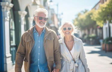 Happy older couple having fun walking outdoors in city. Retired people enjoying a sightseeing walk on street in spring. Mature couple relationships and vacations of pensioners. Generative AI