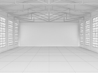 Big hall with windows on walls and ceiling. 3D rendering