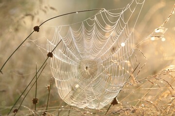 Spider web on a meadow during sunrise