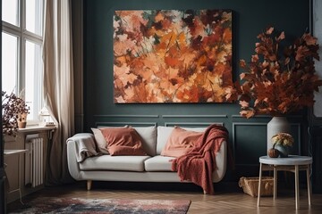 Autumn inspired decor in a stylish living room of a contemporary apartment. Generative AI