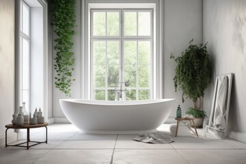 Beautiful bathtub, bathroom fixtures, a towel, a plant, a ladder, and roses are all included in this pleasant, white bathroom. minimal style. background of a bathroom Mockup. Generative AI
