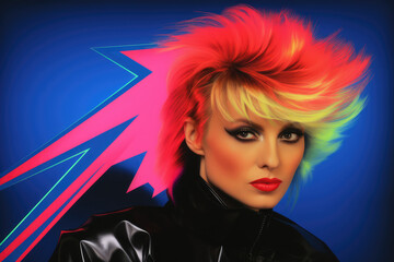 pop art illustration of a colorful hair 1980s female singer with abstract neon colorful background on a fictional album cover with copy space