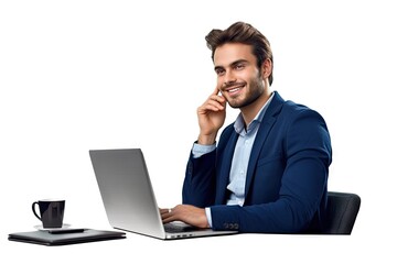 A man sitting at a desk with a laptop computer, isolated on white background, created with Generative Ai Technology