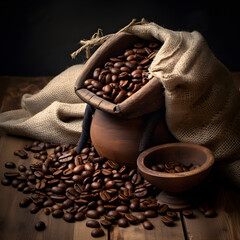 Fototapeta na wymiar Fresh old sack of coffee grains and brown old wall background