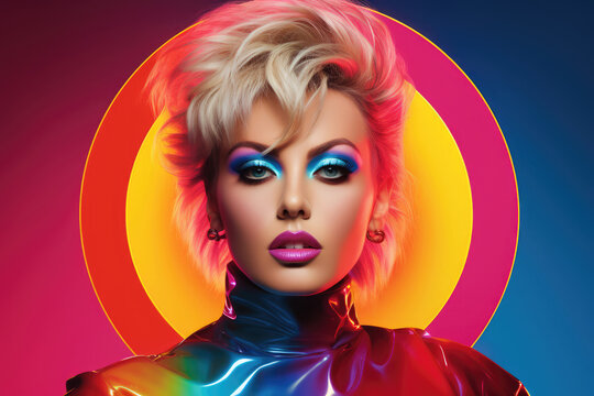 1980s pop art illustration of a blonde singer woman with abstract neon colorful circles background on a fictional album cover with copy space
