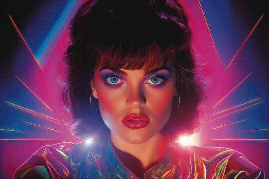 1980s pop art illustration of a brunette female singer with a scared face on a fictional album cover