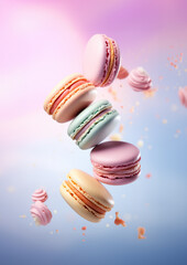 Obraz premium Macaron Dessert. Colorful Macaroons Flying, French macaron cookies, Sweet dessert.