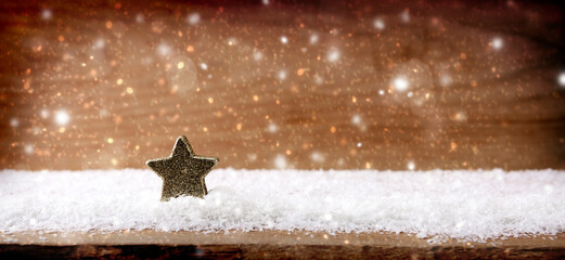 White snow and wood space. Old wood texture with snow flakes and star.