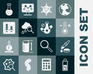 Set Battery, Pipette, Thermometer, Virus, Cloud with rain, Graph chart infographic, Test tube and Medicine pill icon. Vector