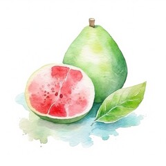Fresh Organic Guava Fruit Background, Square Watercolor Illustration. Healthy Vegetarian Diet. Ai Generated Soft Colored Watercolor Illustration with Delicious Juicy Guava Fruit.