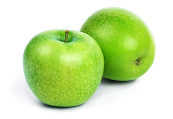 Two green apple fruits isolated on white background.