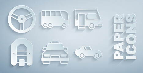 Set Taxi car, Rv Camping trailer, Rafting boat, Car, Bus and Steering wheel icon. Vector