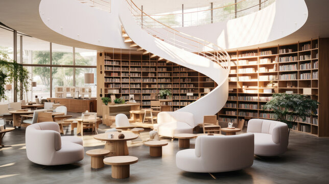 Interior design with rounded library and modern spiral staircase