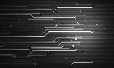 Black white futuristic digital concept image with circuit microchip on dark background.