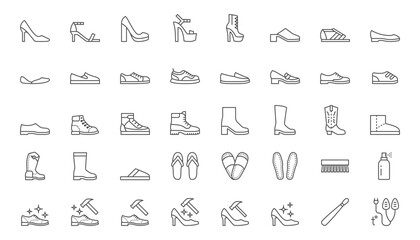 Shoe line icon set. High heels sandal, cowboy boots, hiking footwear, sneakers, slipper, moccasin, loafer minimal vector illustrations. Simple outline signs for fashion application. Editable Stroke