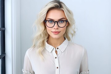 beautiful blonde businesswoman with glasses wearing glasses with office background. blonde corporate woman standing at the office. Professional and confident. Created with Generative Ai Technology - obrazy, fototapety, plakaty