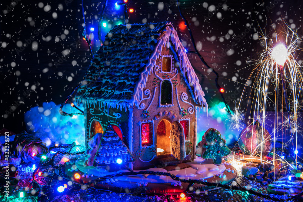 Canvas Prints gingerbread house with lights on dark background, xmas theme