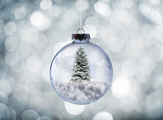 Crystal Christmas ball with xmas tree on snow and sparkling silver background