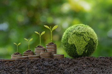 Green Globe with world map and stack of silver coins the seedlings are growing on top. Concept of Green business, finance and sustainability investment. Carbon credit. money saving investment. - obrazy, fototapety, plakaty