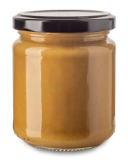 Mustard sauce in glass jar isolated