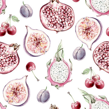 Watercolor pattern with figs,cherry,plum,pomegranate,dragon fruit