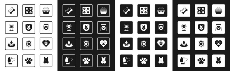 Set Pet carry case, Animal health insurance, Location veterinary hospital, Dog bone, Bag of food for pet, pill, Heart with animals footprint and bowl dog icon. Vector