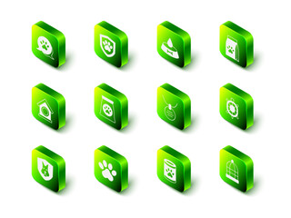 Set Animal health insurance, Pet food bowl for cat or dog, Bag of pet, Turtle, Cage birds, Collar with name tag, Canned and Paw print icon. Vector