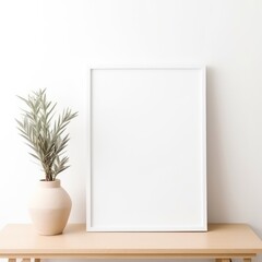 Blank picture frame mockup on a wall. White living room design. View of modern style interior with artwork mock up on wall. Home staging and minimalism concept