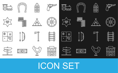 Set line Wild west saloon, Railway, railroad track, Old wooden wheel, Detonate dynamite bomb stick, Indian headdress with feathers, Hexagram sheriff, Retro train and teepee or wigwam icon. Vector © Vadim
