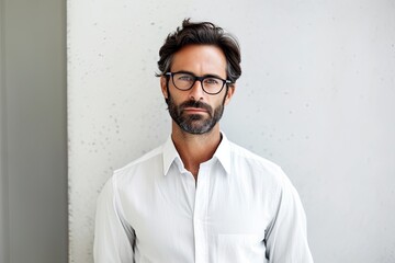 Obraz premium A man with a beard and glasses standing in front of a white wall, corporate man posing, created with Generative Ai Technology