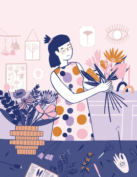 illustration of a person assembling a bouquet of flowers