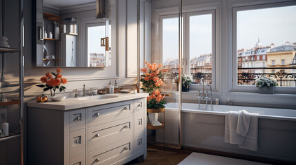 Refreshing Simplicity: Bright Aesthetic of a White Modern Bathroom with Bath and Window, Generative AI