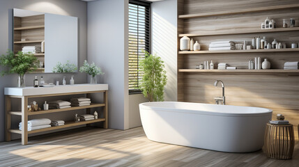 Fototapeta na wymiar Serene Aesthetic of a White Modern Bathroom with Bath and Window in a Small Apartment, Generative AI